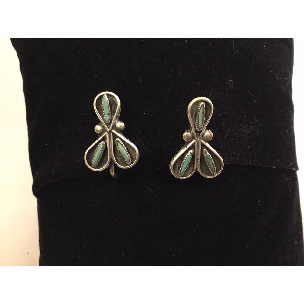 Zuni Native American Sterling Needlepoint Turquoise Teardrop Screw-on Earrings